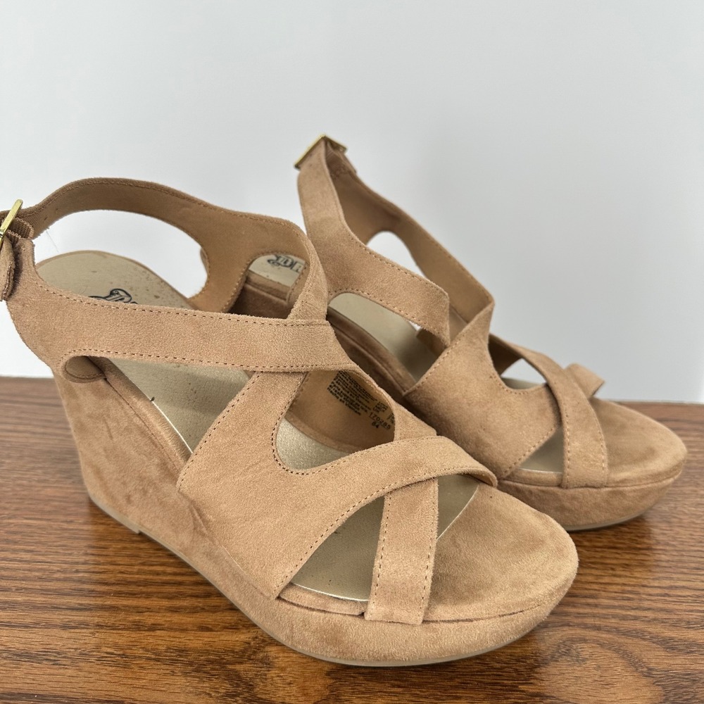 Boho Neutral Tan Faux Suede Platform Wedge Sandals Strappy Resort Ankle Strap 9